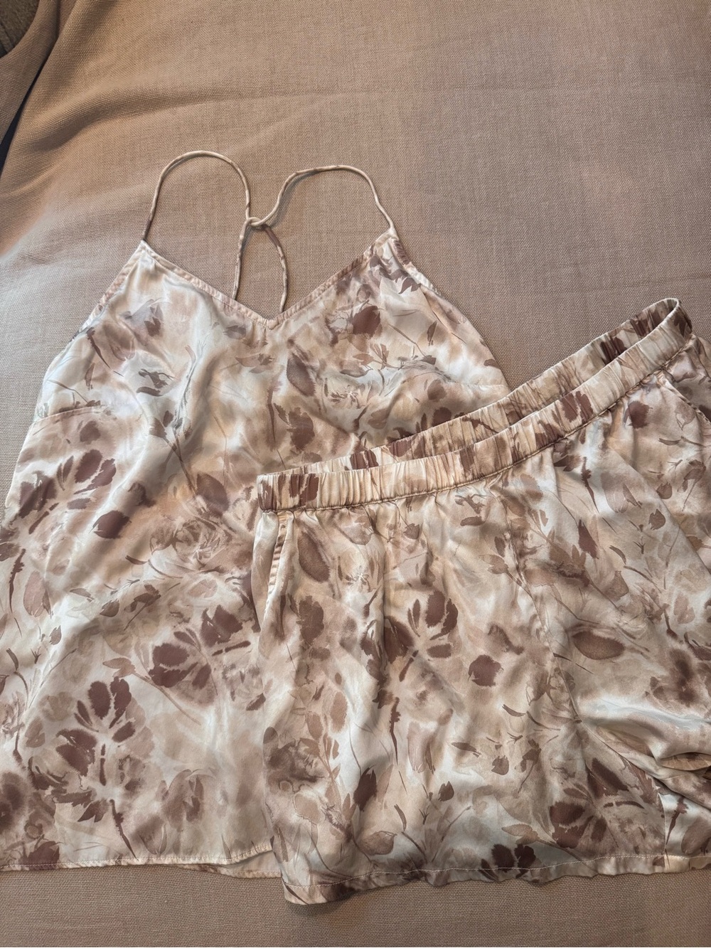 Haven Well Within Washable Silk Cami Shorts Pajama Set Floral Beige Brown Medium